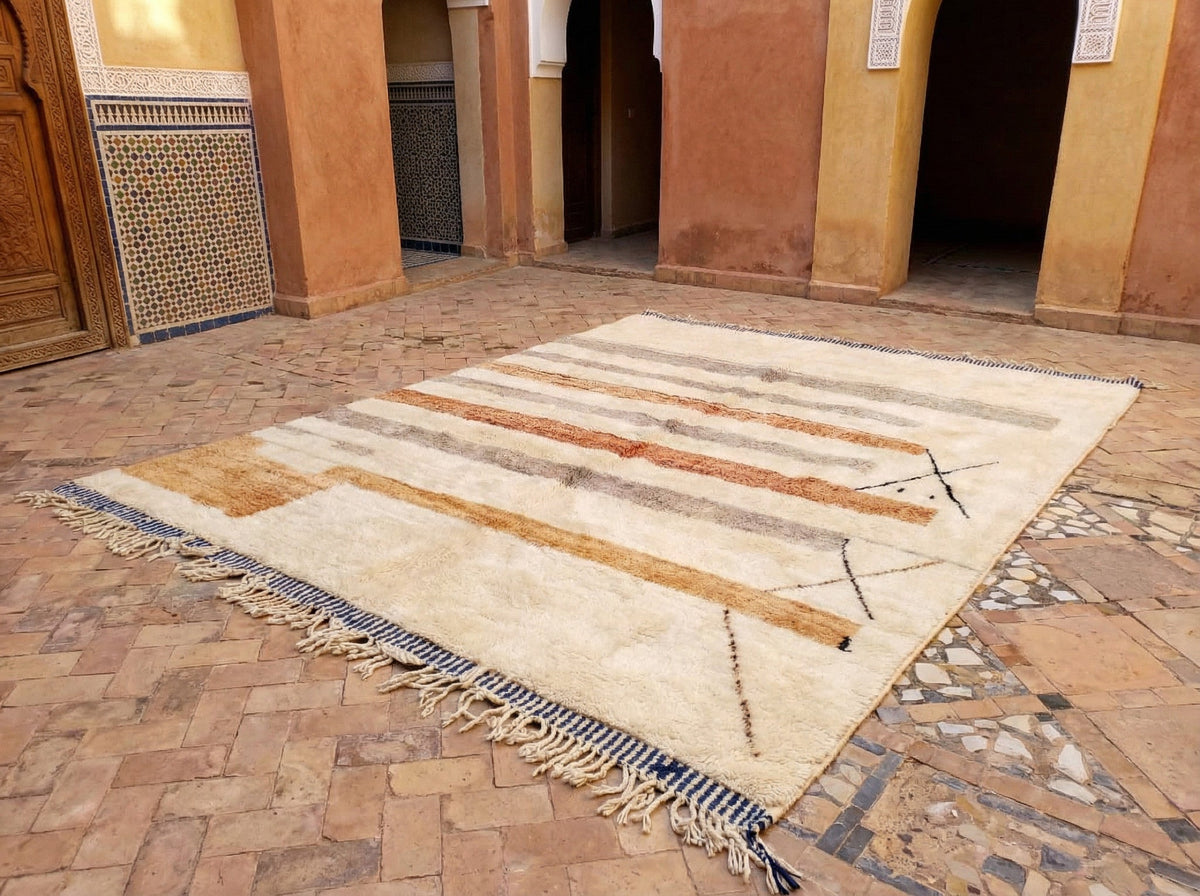 Cream Muted Horizontal Stripes Crossed Ends Custom Moroccan Rug - Africancreates
