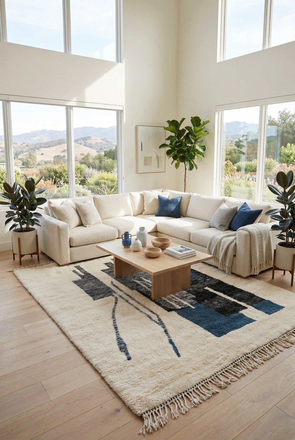 Cream, Navy & Charcoal Rectangles Custom Moroccan Rug - Africancreates