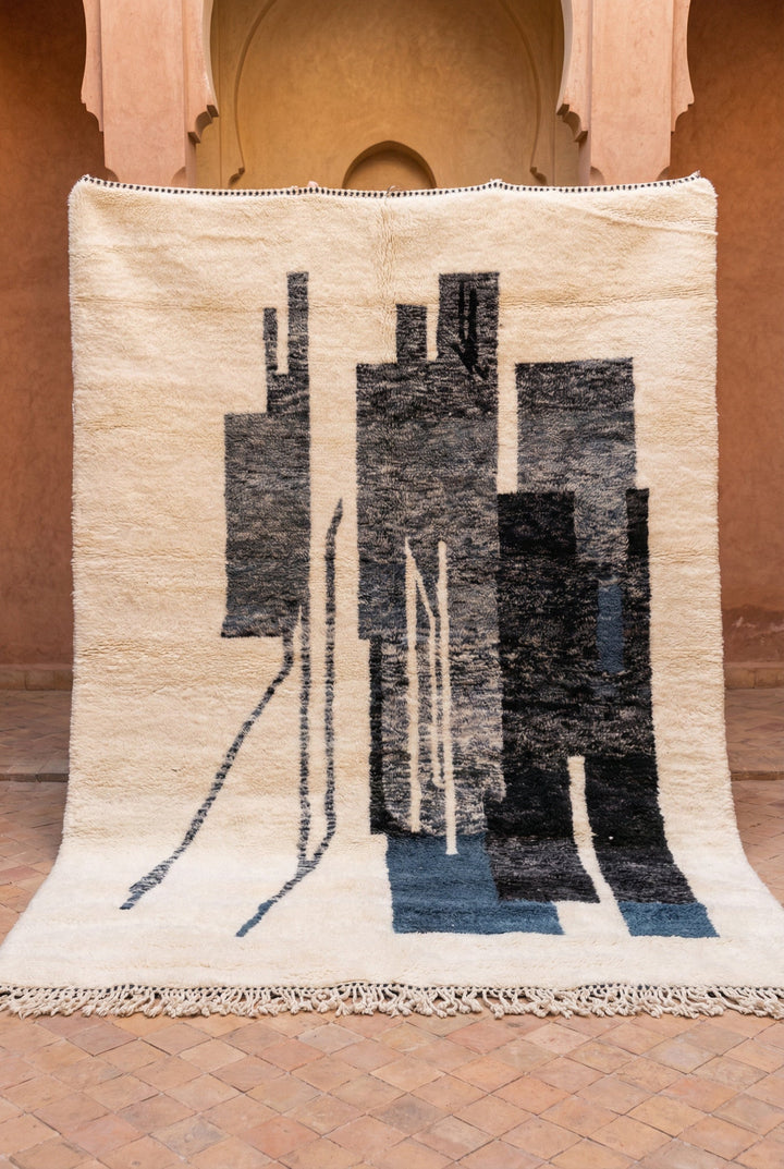 Cream, Navy & Charcoal Rectangles Custom Moroccan Rug - Africancreates