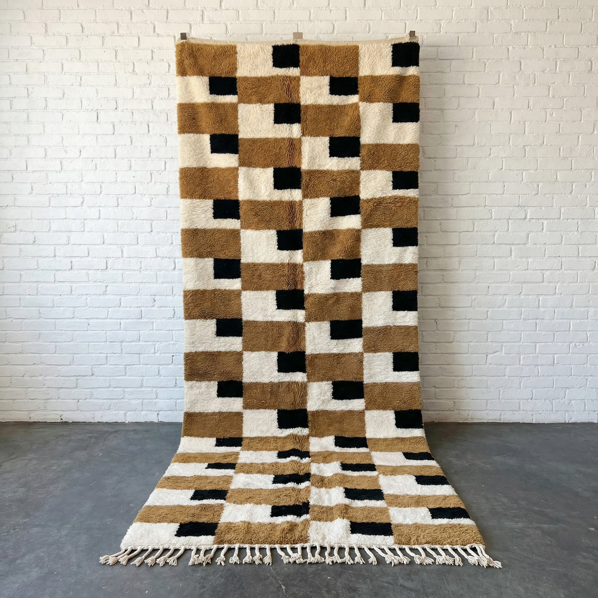Cream, Ochre & Black Offset Rectangle Runner Design Custom Moroccan Rug - Africancreates