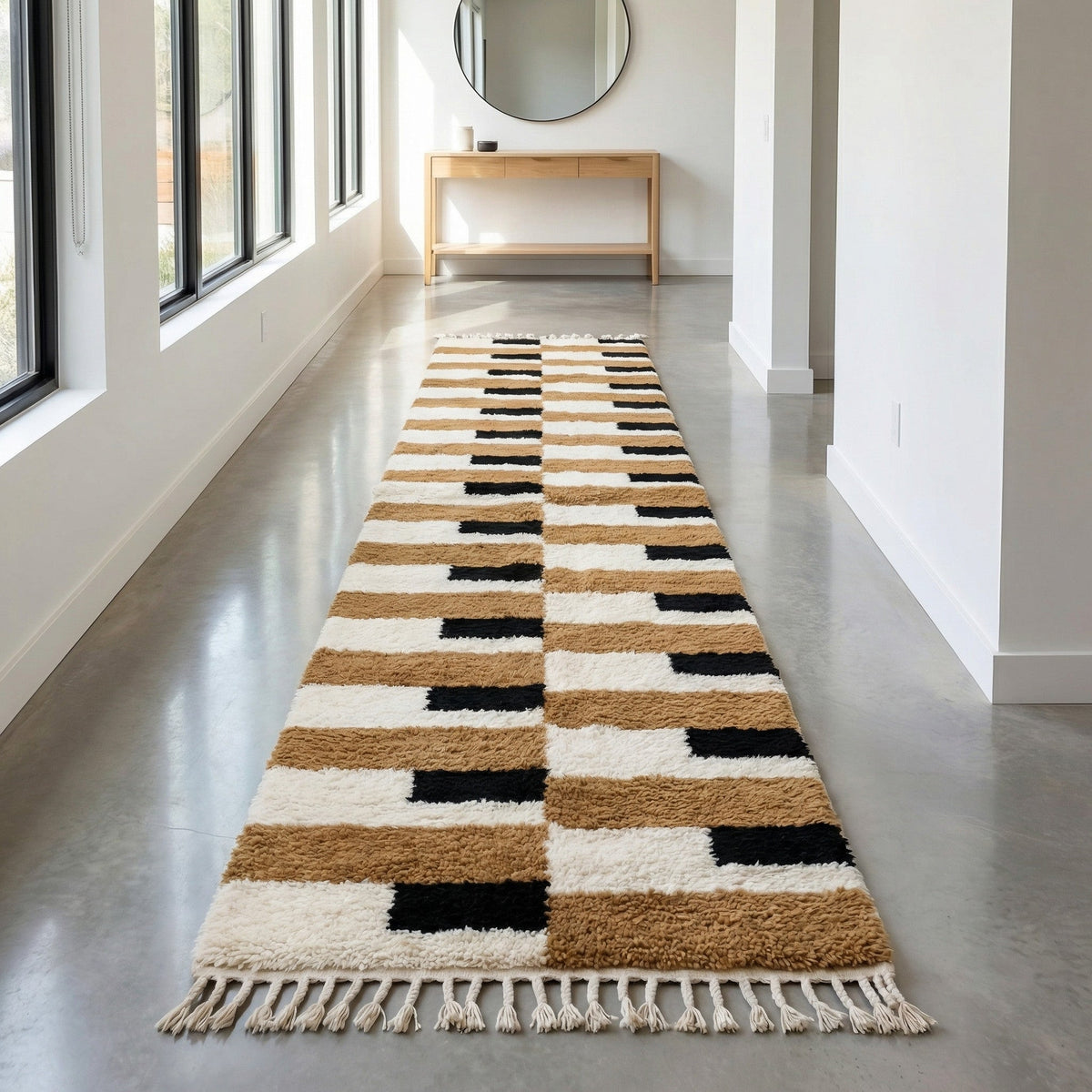 Cream, Ochre & Black Offset Rectangle Runner Design Custom Moroccan Rug - Africancreates