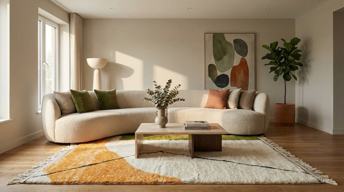 Cream, Olive & Ochre Curved Field Thin Line Custom Moroccan Rug - Africancreates