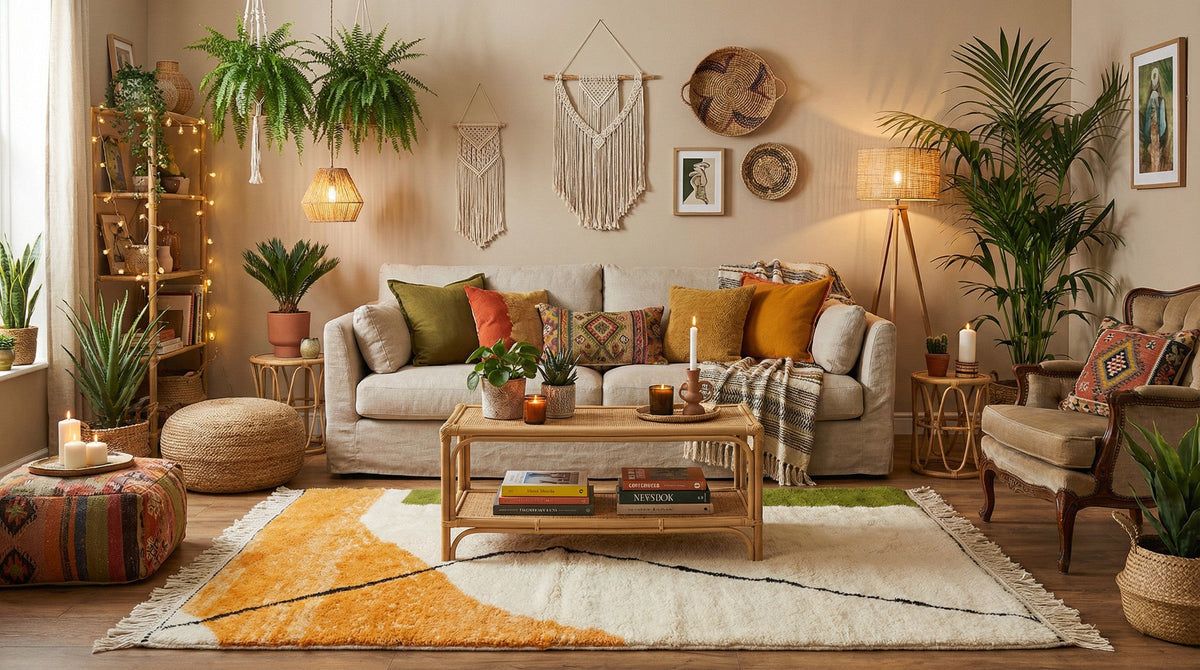 Cream, Olive & Ochre Curved Field Thin Line Custom Moroccan Rug - Africancreates