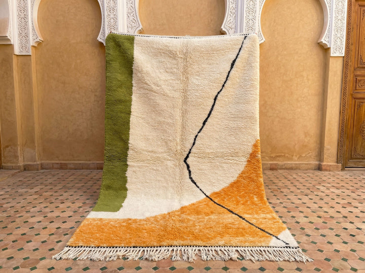 Cream, Olive & Ochre Curved Field Thin Line Custom Moroccan Rug - Africancreates