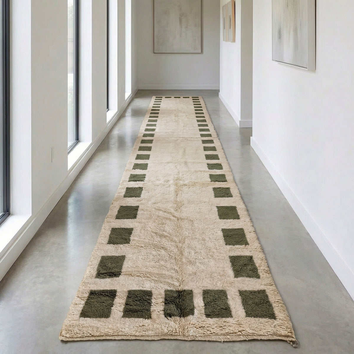 Cream & Olive Square Border Runner Design Custom Moroccan Rug - Africancreates