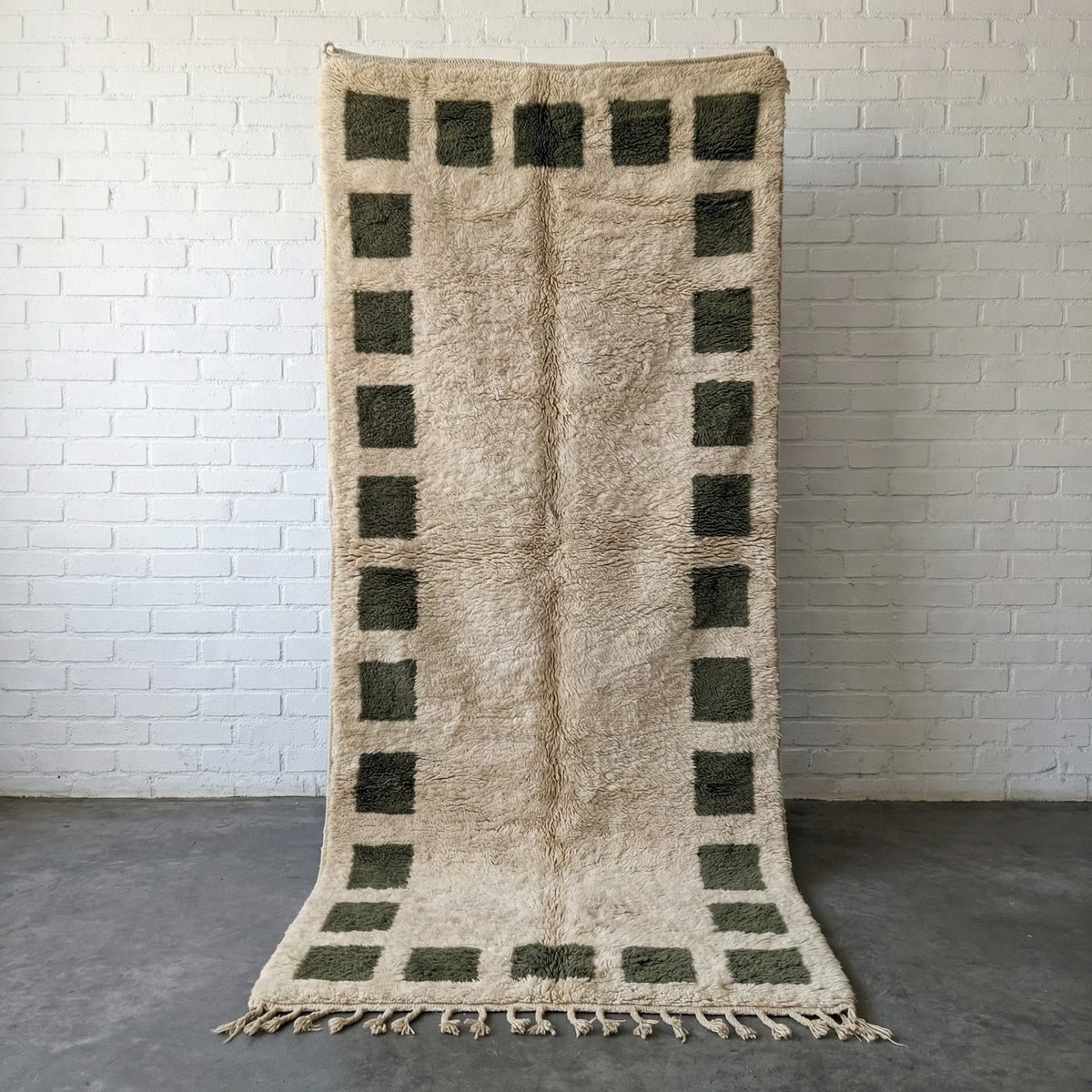 Cream & Olive Square Border Runner Design Custom Moroccan Rug - Africancreates