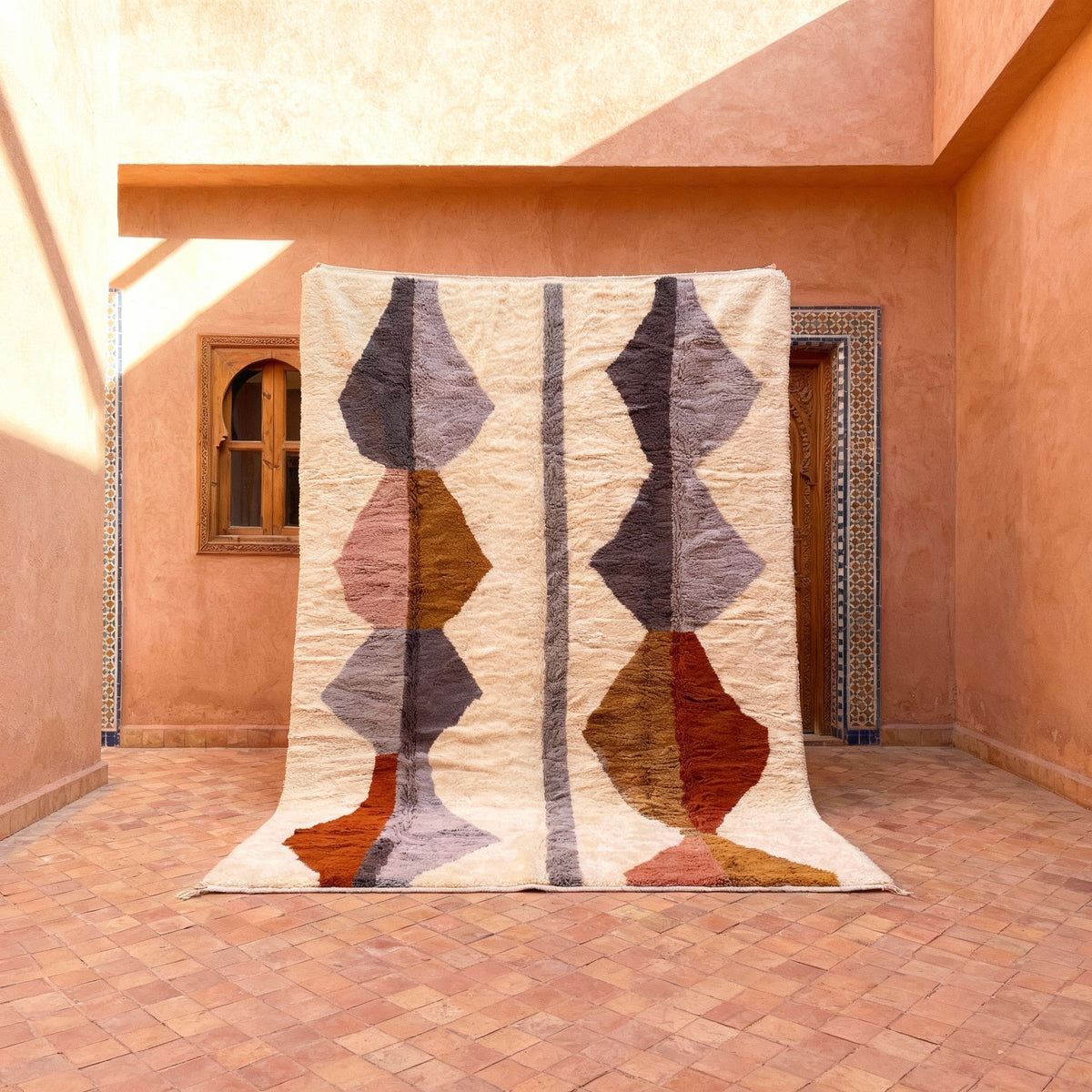 Cream Paired Multicolor Diamond Columns Custom Moroccan Rug - Africancreates