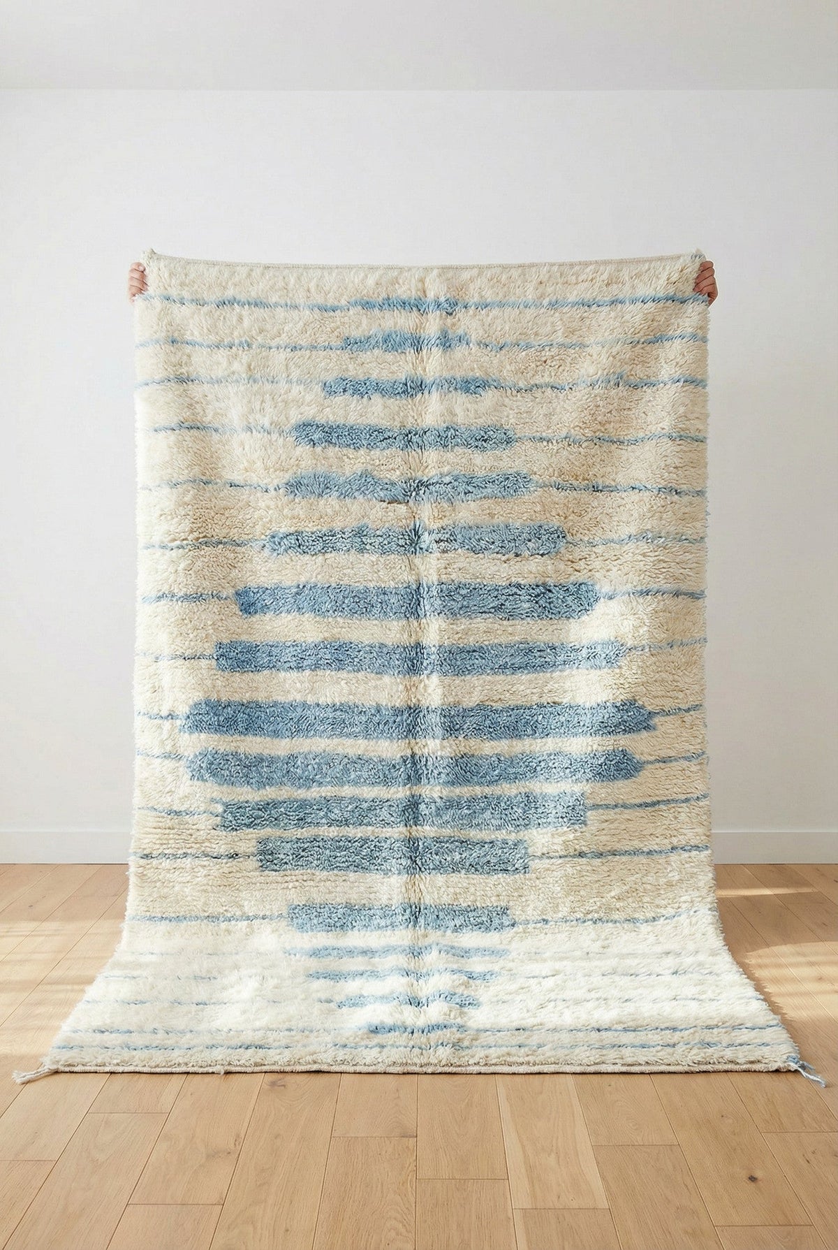Cream & Pale Blue Stepped Striped Diamond Custom Beni Ourain Moroccan Rug - Africancreates