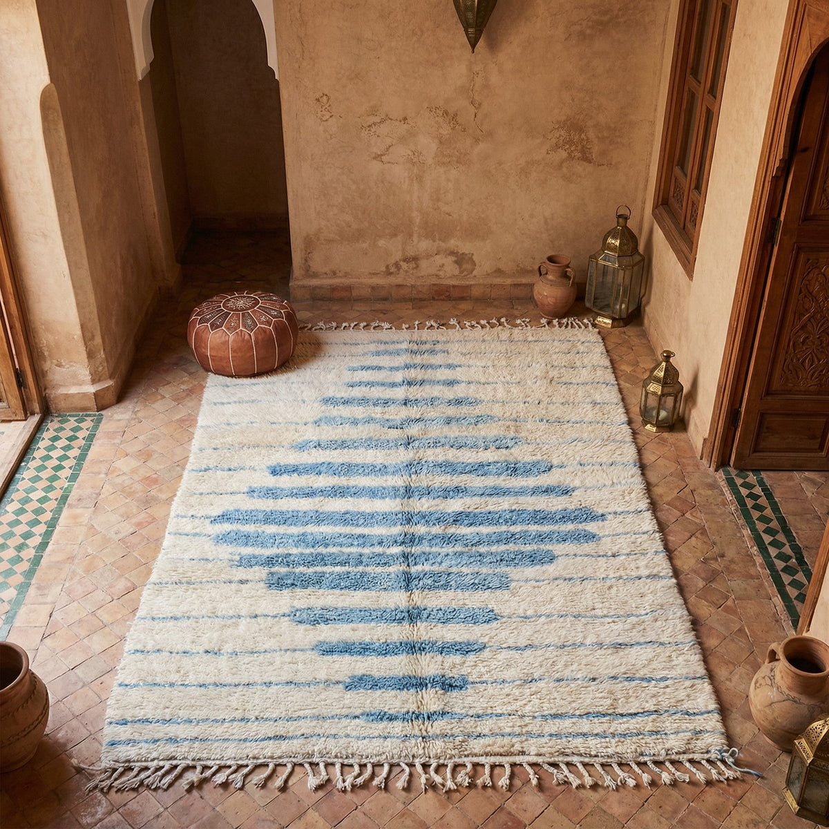 Cream & Pale Blue Stepped Striped Diamond Custom Beni Ourain Moroccan Rug - Africancreates