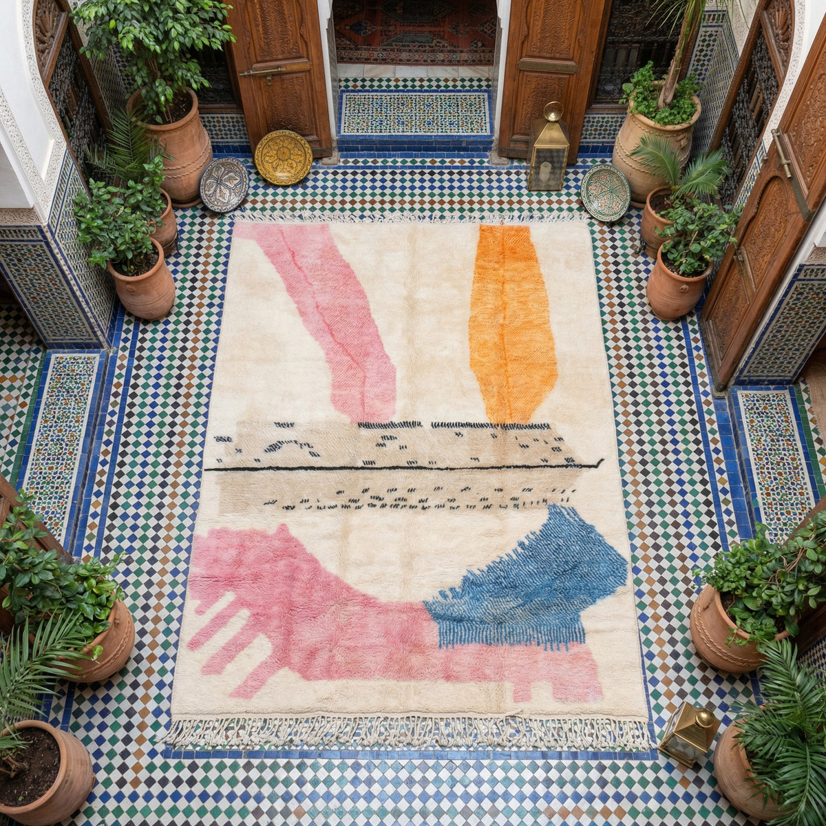 Cream, Pink, Orange & Blue Brushstroke Blocks Custom Moroccan Rug - Africancreates