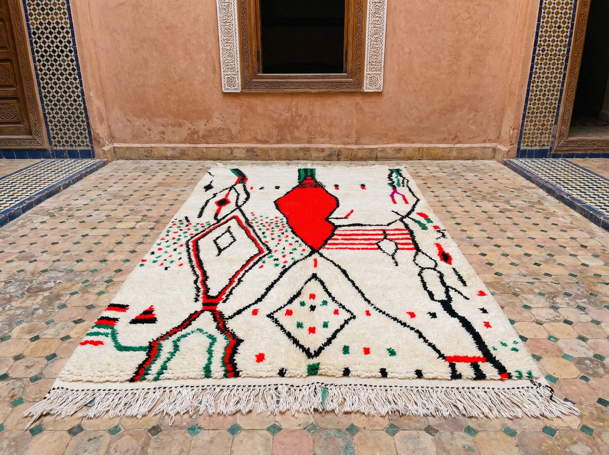 Cream, Red, Black & Green Abstract Geometric Custom Moroccan Rug - Africancreates