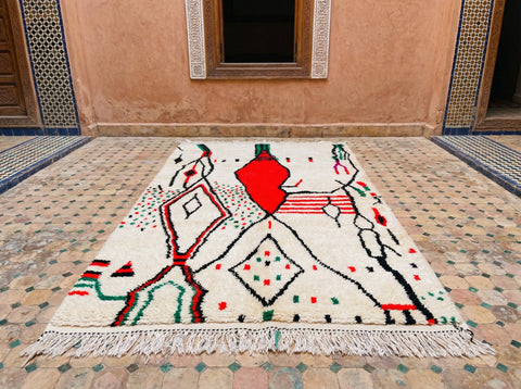 Cream, Red, Black & Green Abstract Geometric Custom Moroccan Rug - Africancreates