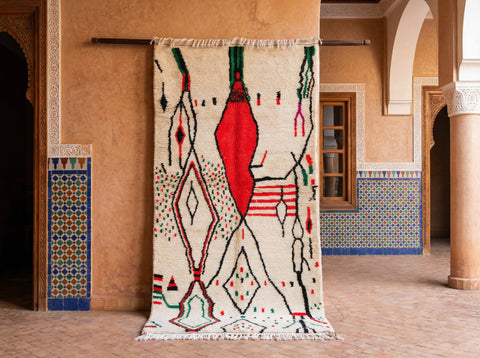 Cream, Red, Black & Green Abstract Geometric Custom Moroccan Rug - Africancreates