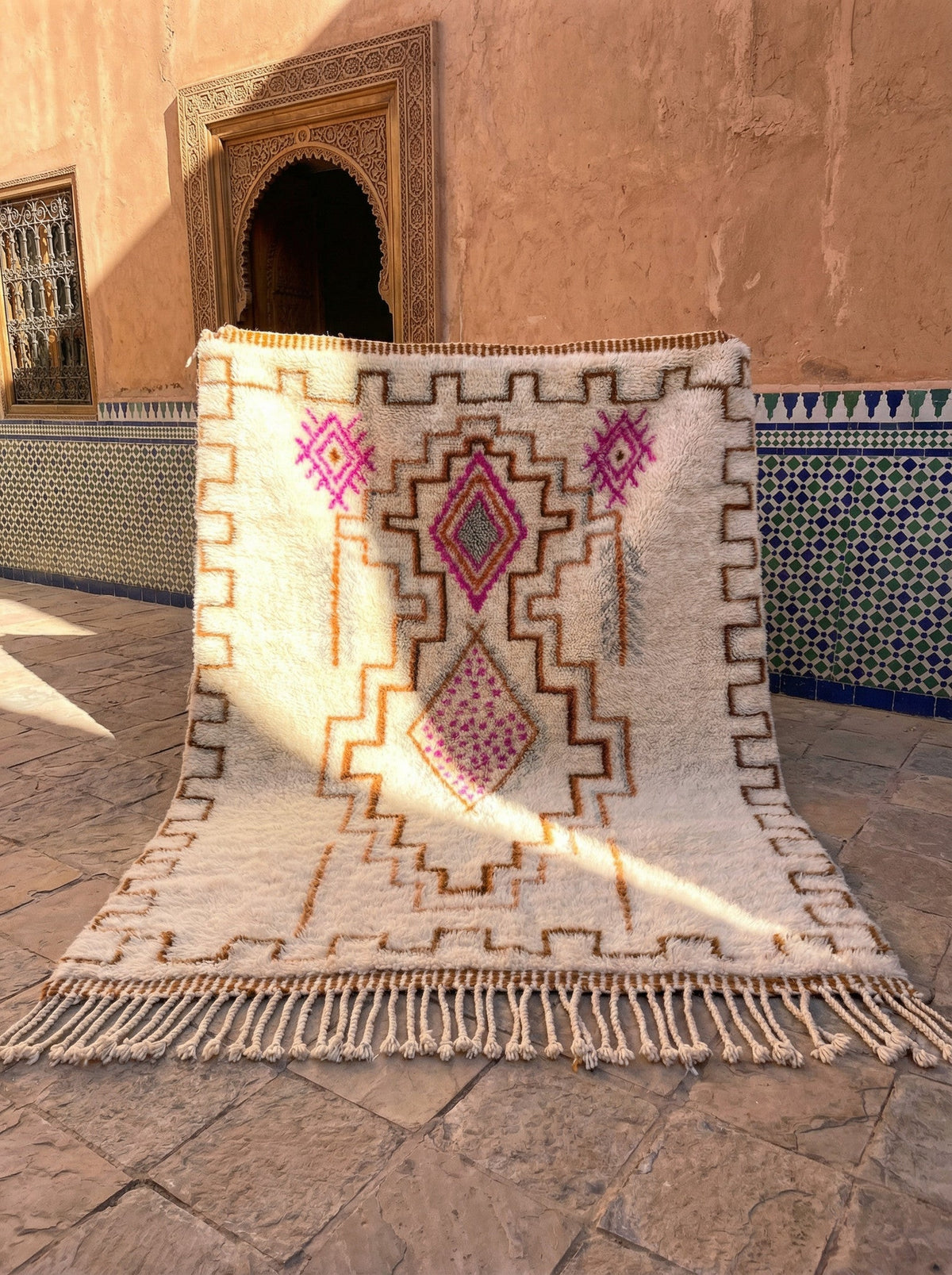 Cream, Red & Pink Stepped Central Medallions Custom Moroccan Rug - Africancreates