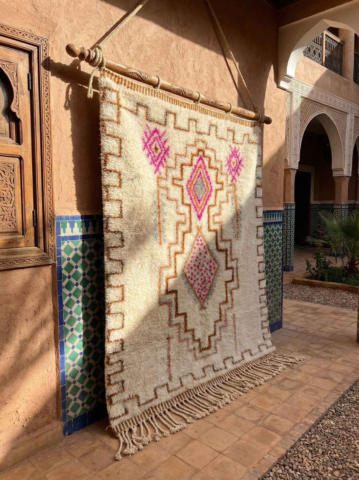 Cream, Red & Pink Stepped Central Medallions Custom Moroccan Rug - Africancreates