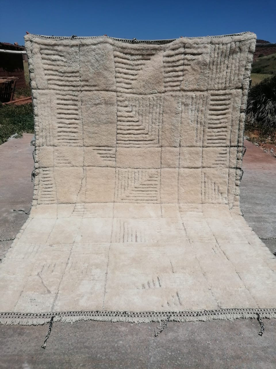 Cream Relief Panels Dark Fringe Custom Moroccan Rug - Africancreates
