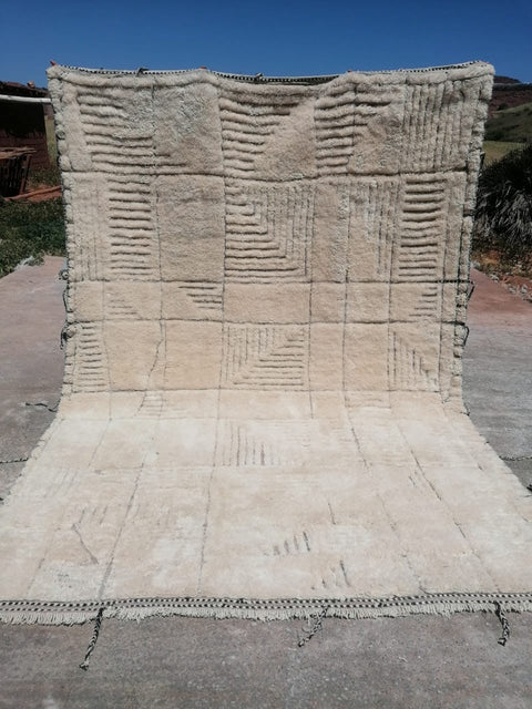 Cream Relief Panels Dark Fringe Custom Moroccan Rug - Africancreates