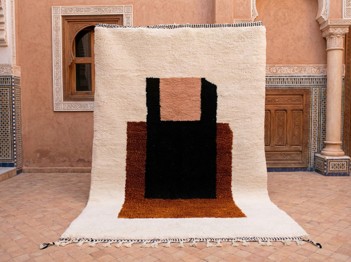 Cream, Rust & Black Stacked Blocks Custom Moroccan Rug - Africancreates
