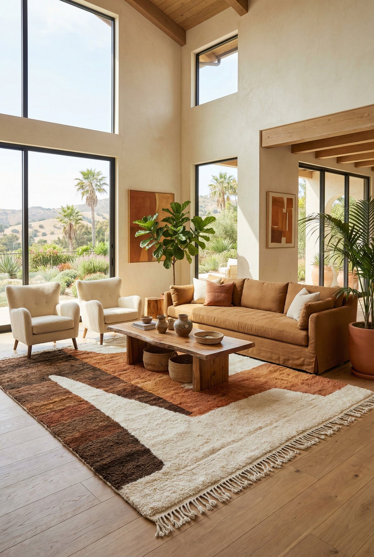 Cream, Rust & Brown Angular Blocks Custom Moroccan Rug - Africancreates