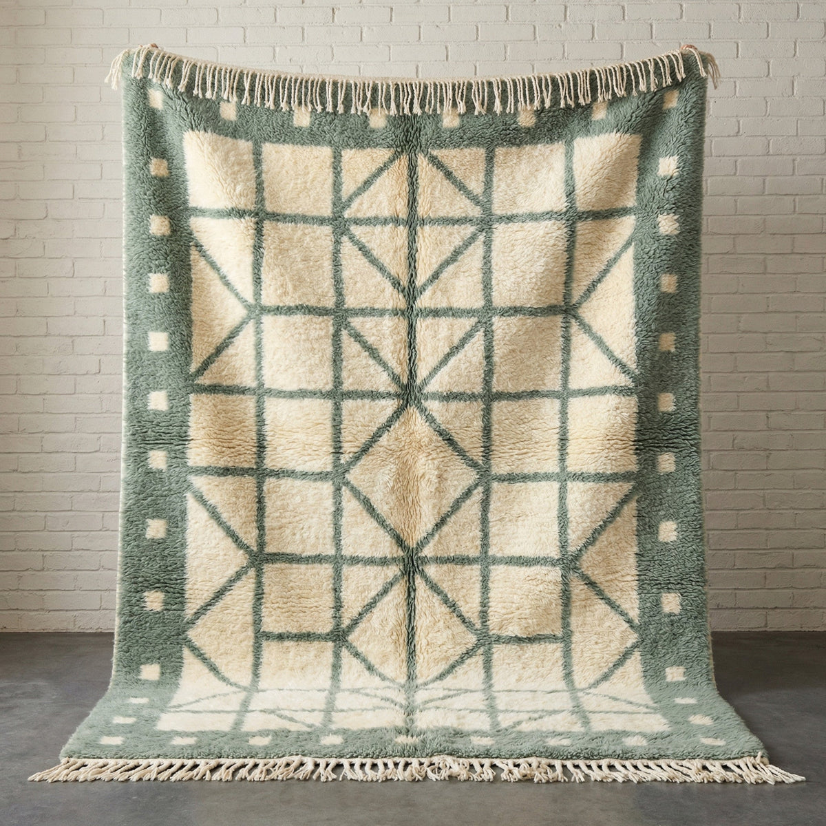 Cream & Sage Border Geometric Grid Custom Moroccan Rug - Africancreates