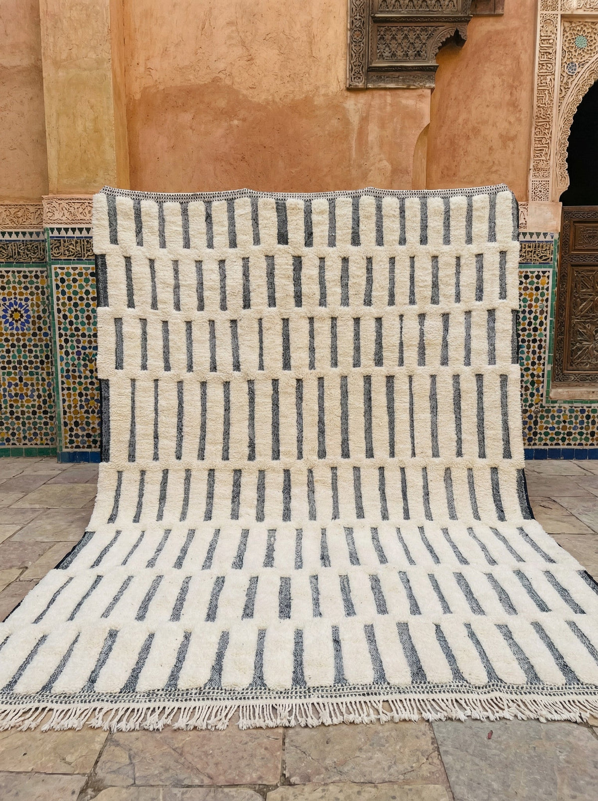 Cream Short Dark Vertical Dashes Custom Moroccan Rug - Africancreates