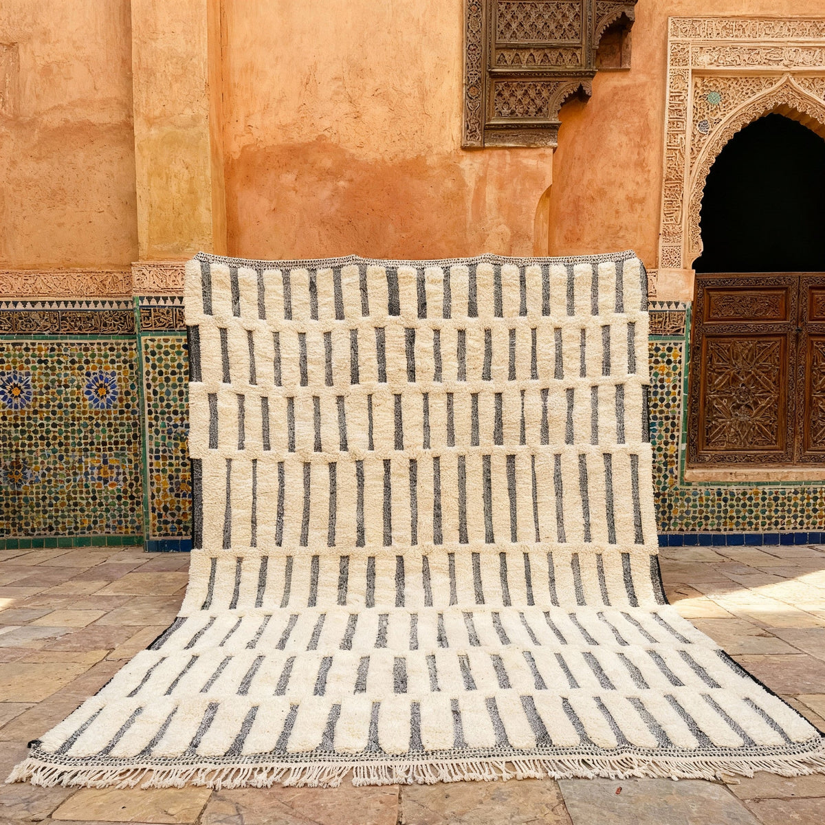 Cream Short Dark Vertical Dashes Custom Moroccan Rug - Africancreates