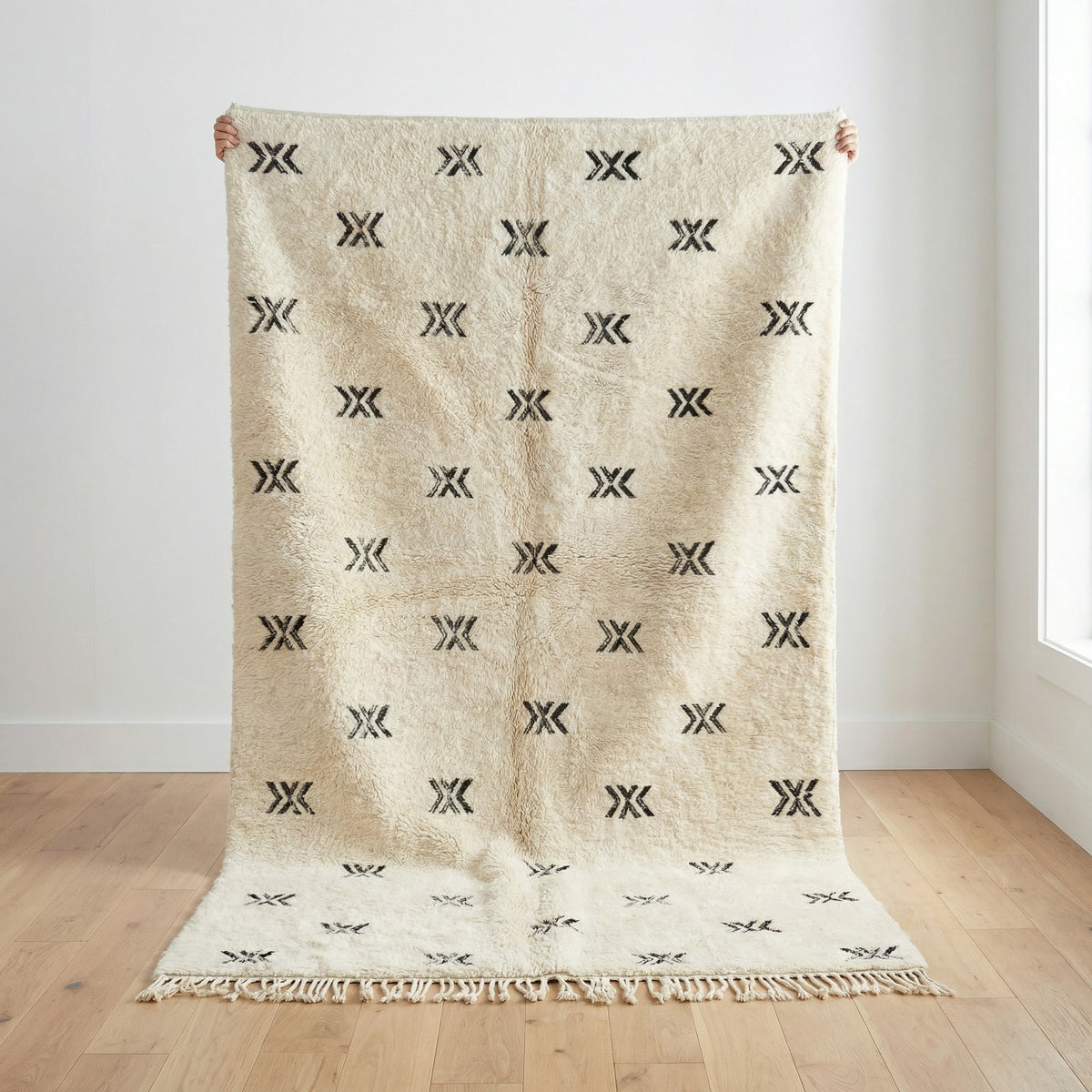 Cream Small Charcoal Triple X Motifs Custom Moroccan Rug - Africancreates