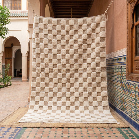 Cream & Tan Checkerboard Custom Moroccan Rug - Africancreates