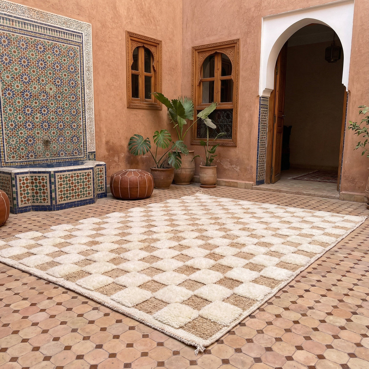 Cream & Tan Checkerboard Custom Moroccan Rug - Africancreates