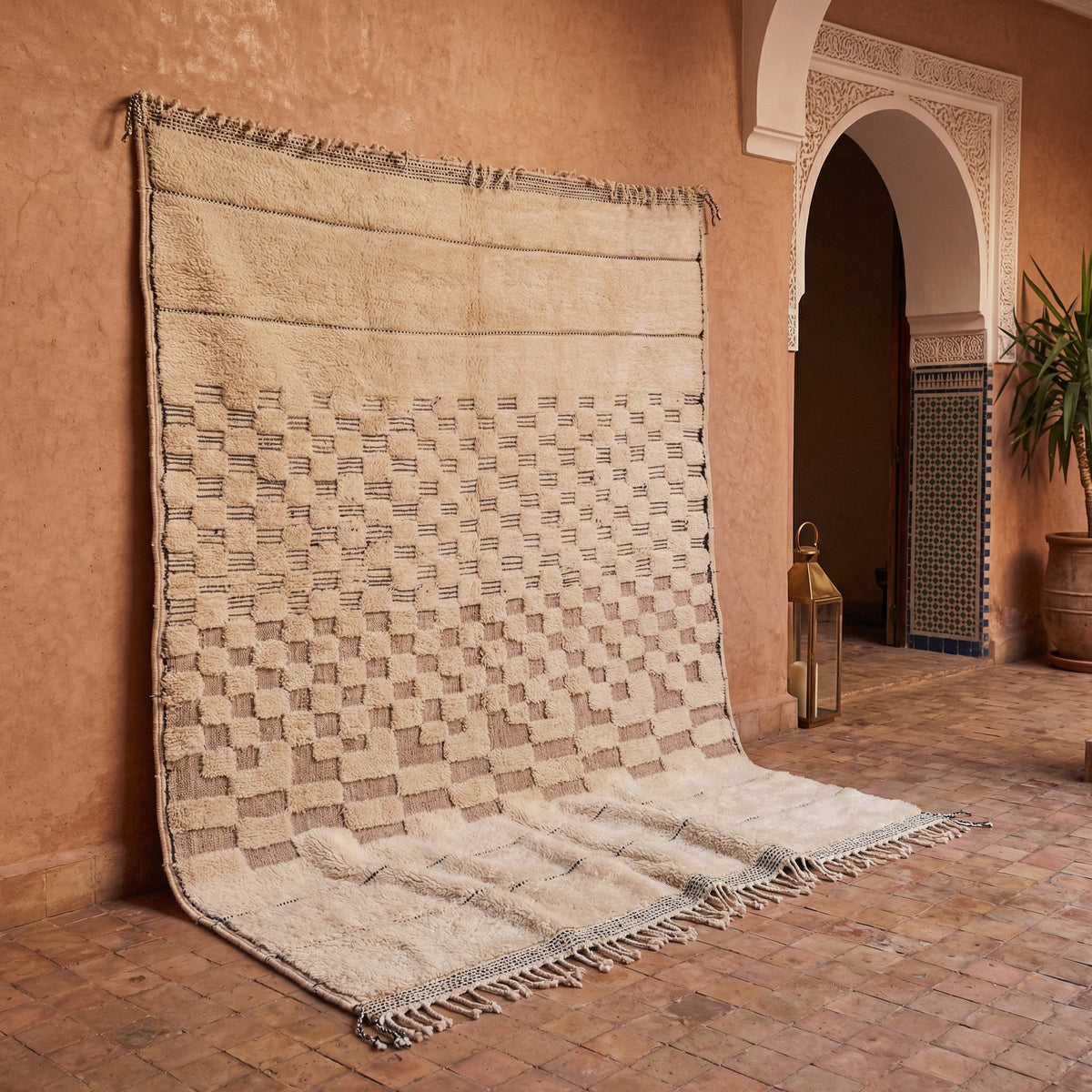 Cream & Taupe Central Tiny Checker Panel Custom Moroccan Rug - Africancreates