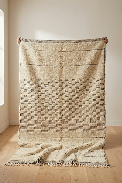 Cream & Taupe Central Tiny Checker Panel Custom Moroccan Rug - Africancreates