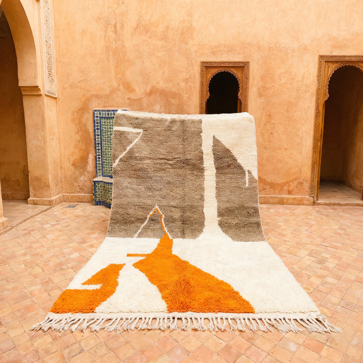 Cream, Taupe & Ochre Hanging Abstract Forms Custom Moroccan Rug - Africancreates