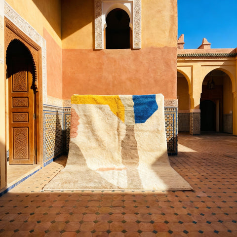 Cream, Taupe, Yellow & Blue Organic Blocks Custom Moroccan Rug - Africancreates
