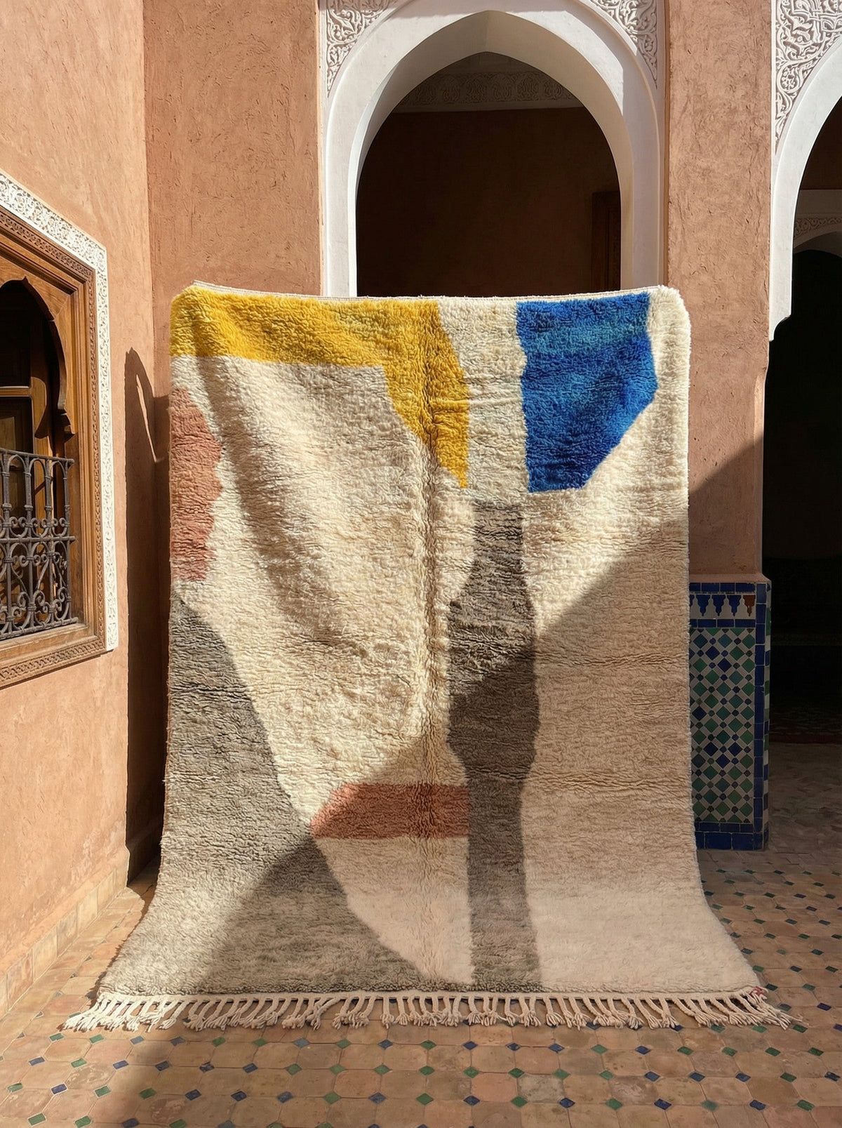 Cream, Taupe, Yellow & Blue Organic Blocks Custom Moroccan Rug - Africancreates