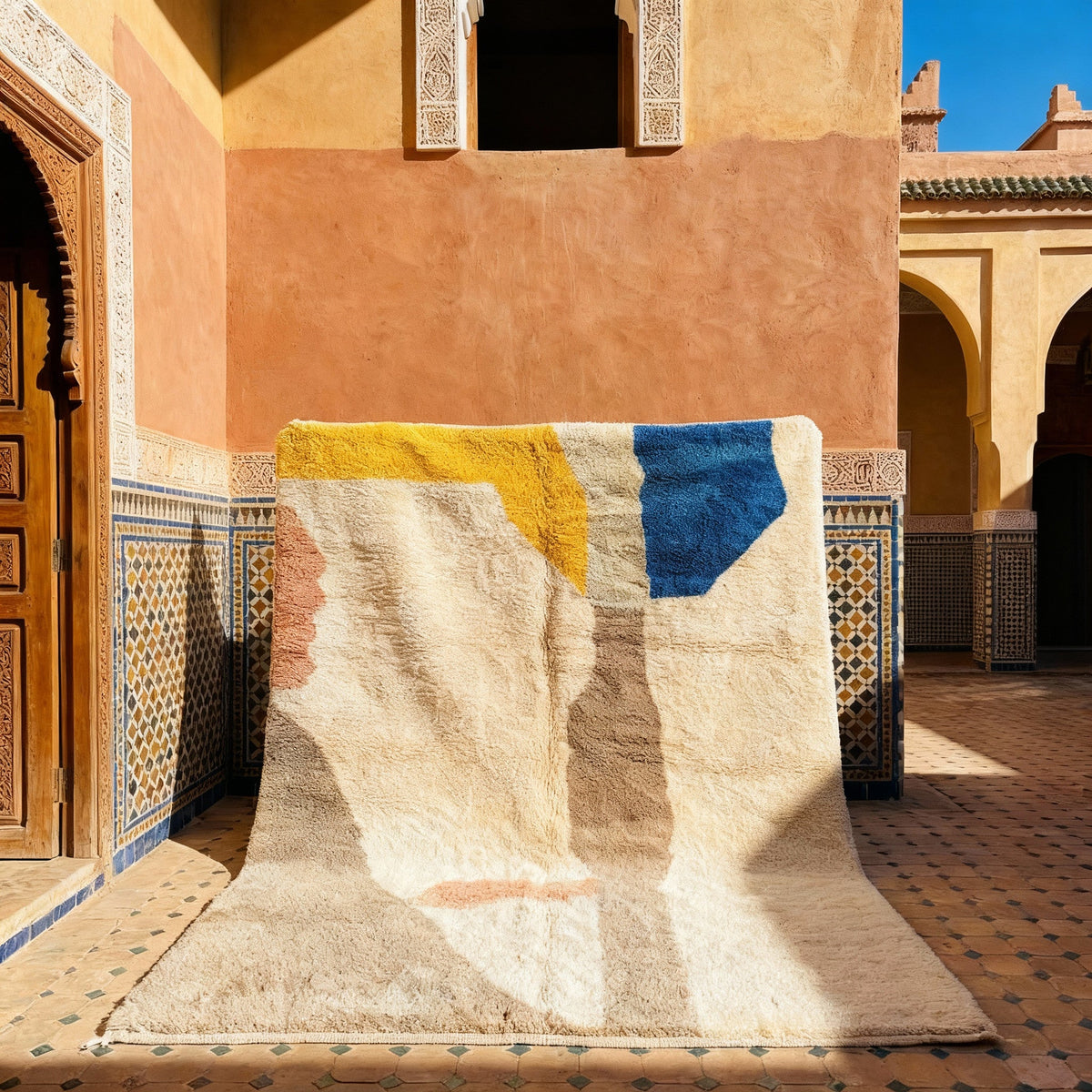 Cream, Taupe, Yellow & Blue Organic Blocks Custom Moroccan Rug - Africancreates