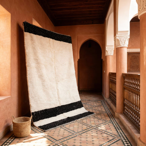 Cream Thick Black End Bands Custom Moroccan Rug - Africancreates