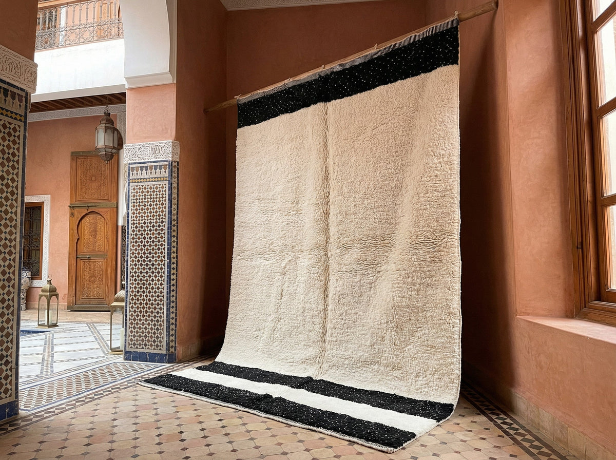Cream Thick Black End Bands Custom Moroccan Rug - Africancreates