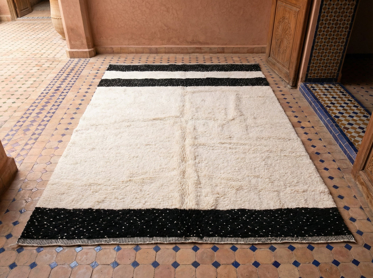 Cream Thick Black End Bands Custom Moroccan Rug - Africancreates