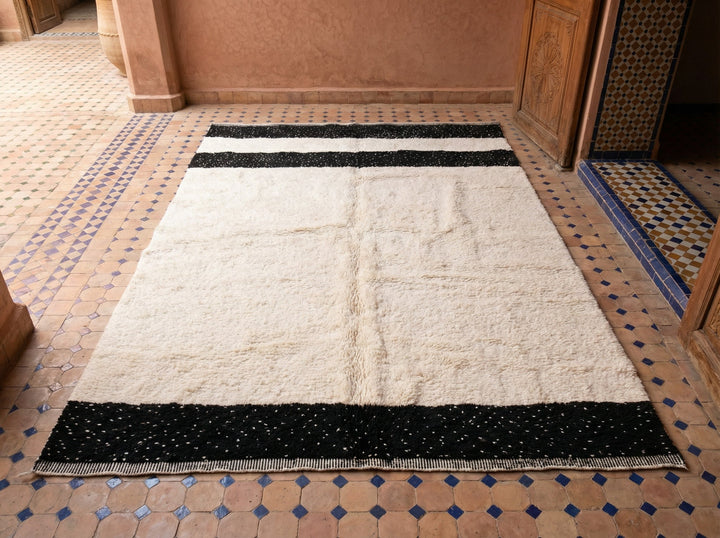 Cream Thick Black End Bands Custom Moroccan Rug - Africancreates