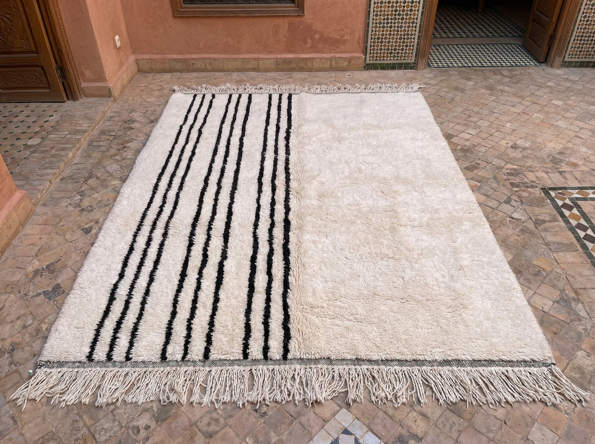 Cream Thin Black Stripe Left Panel Custom Moroccan Rug - Africancreates