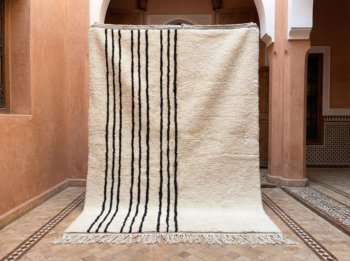 Cream Thin Black Stripe Left Panel Custom Moroccan Rug - Africancreates
