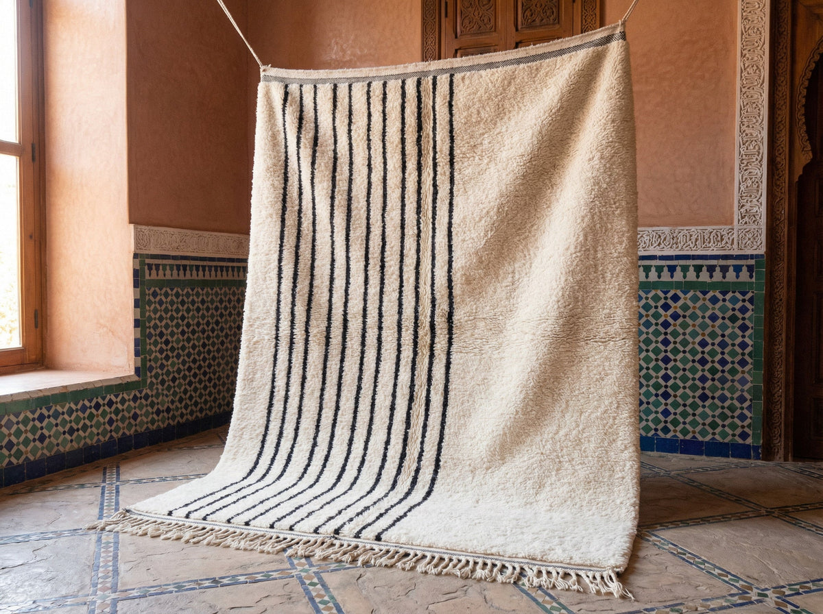 Cream Thin Black Stripe Left Panel Custom Moroccan Rug - Africancreates