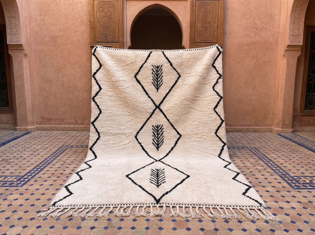 Cream Three Black Lozenges Zigzag Edges Custom Moroccan Rug - Africancreates