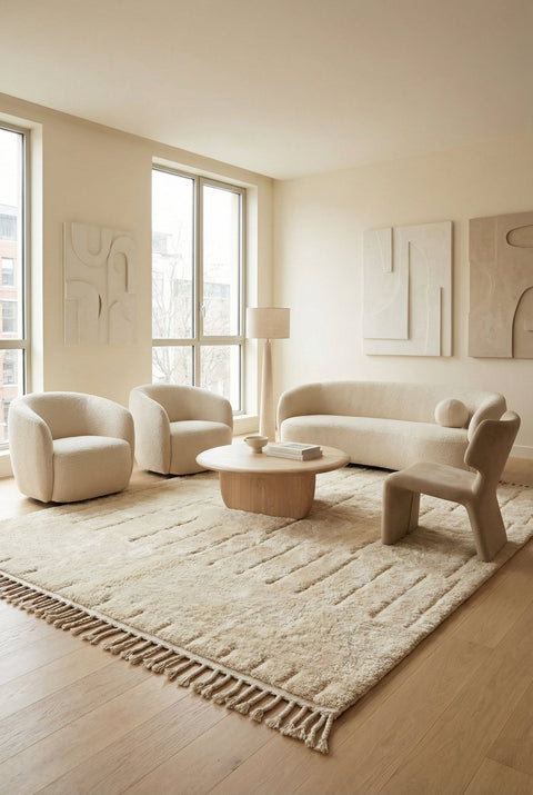 Lifestyle view of a cream and beige tufted rug featuring a modern design in a natural setting.