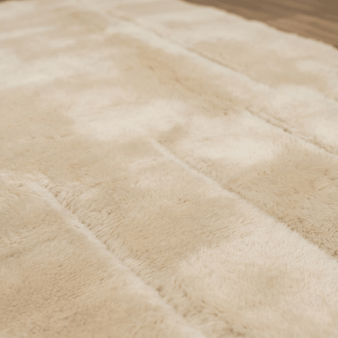 Detail shot of a cream tufted rug showing a patterned surface and soft texture.