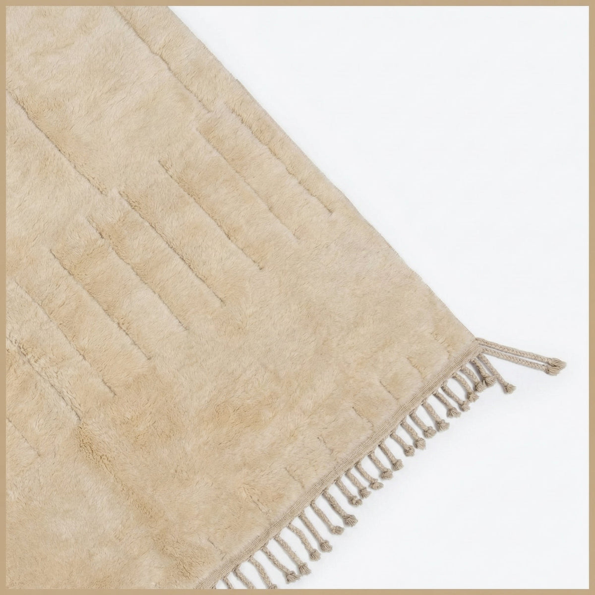 Lifestyle view of a cream tufted rug with a modern design in a natural environment.