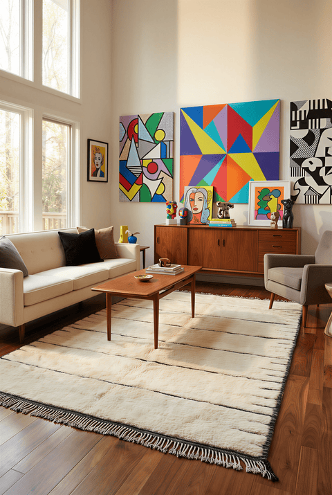 Lifestyle shot of a cream tufted rug with modern decor elements in a natural environment.