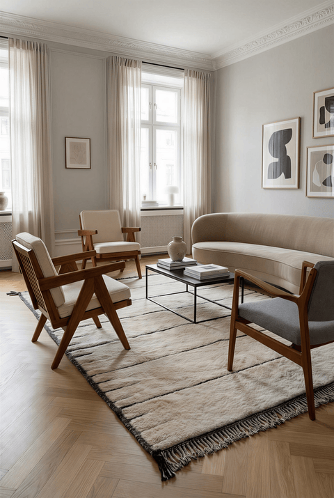 Lifestyle shot of a cream tufted rug with an artistic background in a natural setting.