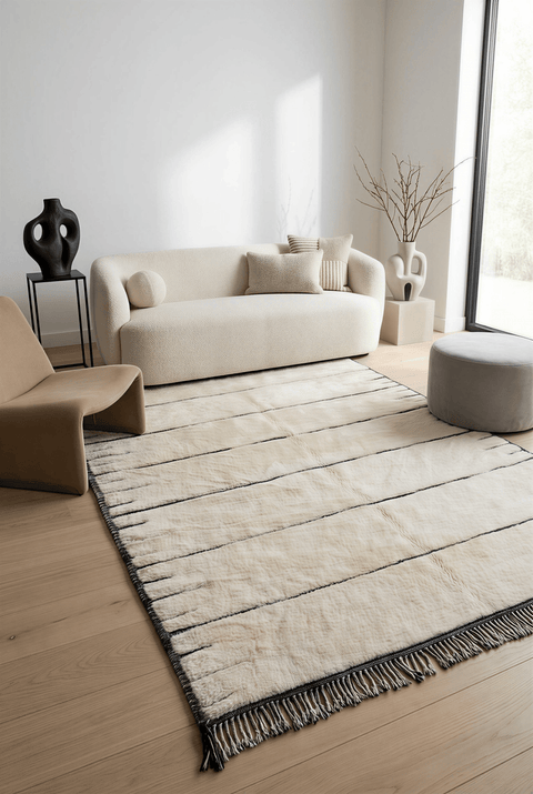 Lifestyle shot of a cream tufted rug with decorative elements in a natural setting.