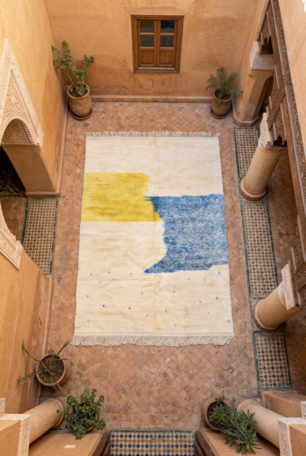 Cream, Yellow & Blue Curved Block Pair Custom Moroccan Rug - Africancreates
